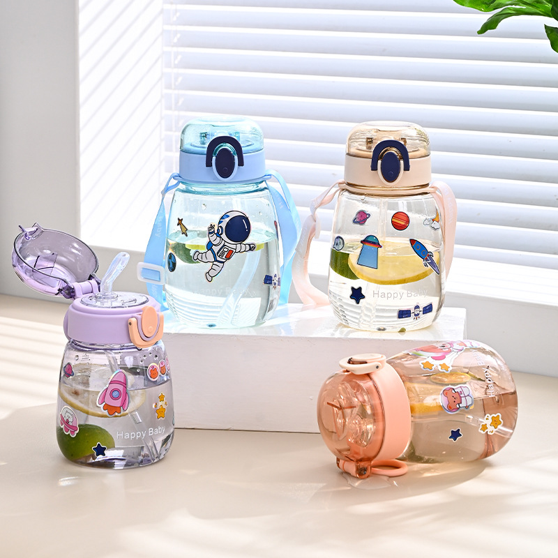 J63-2267 Simple and cute DIY sticker strap water bottle student high-temperature resistant plastic Water cup Straw large-belted cup