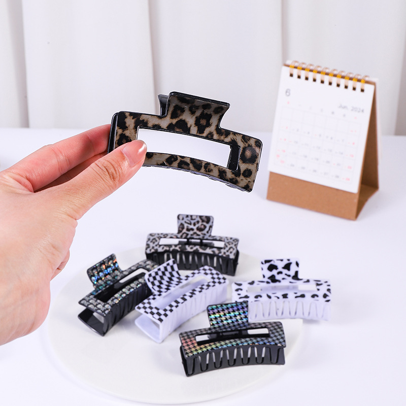 欧美跨境豹纹抓夹气质格纹奶牛花纹几何矩形后脑勺盘发夹发卡发饰