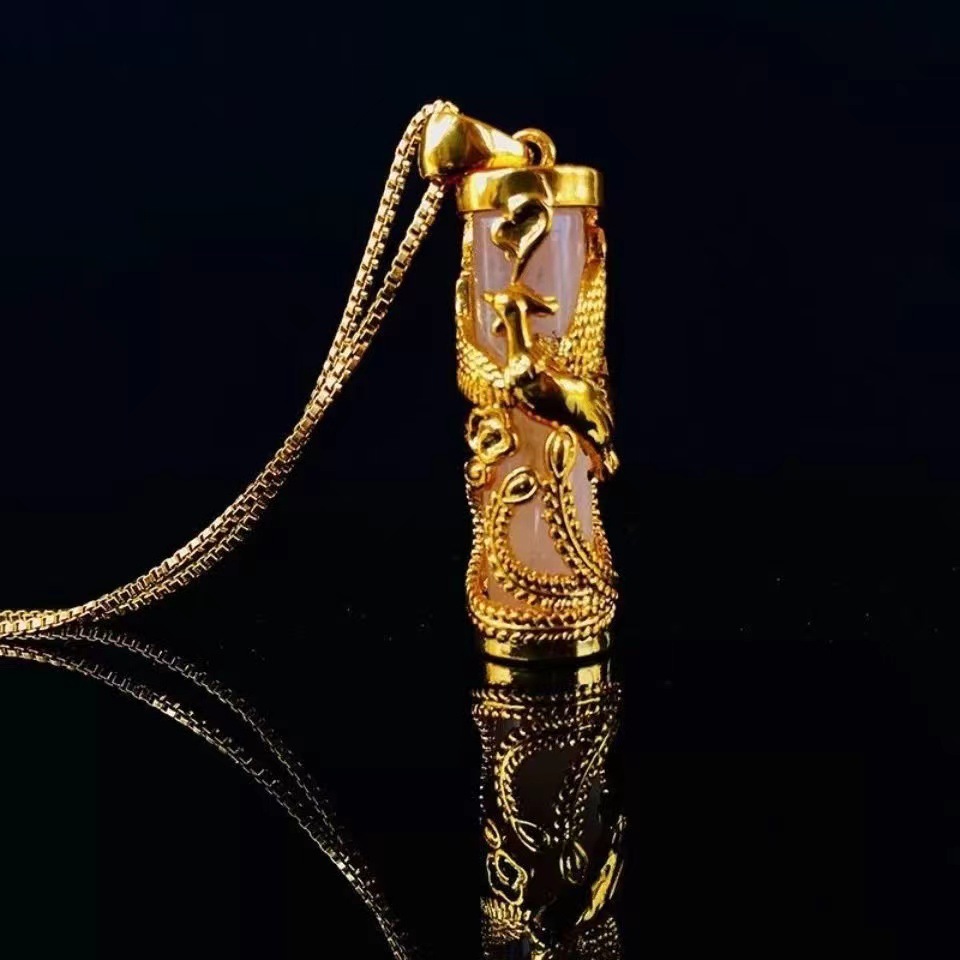 Imitation Hetian jade dragon and phoenix pillar pendant for men and women, inheriting the ancient method of gold-inlaid jade plate phoenix and dragon pillar jade pendant necklace pendant detail image 3