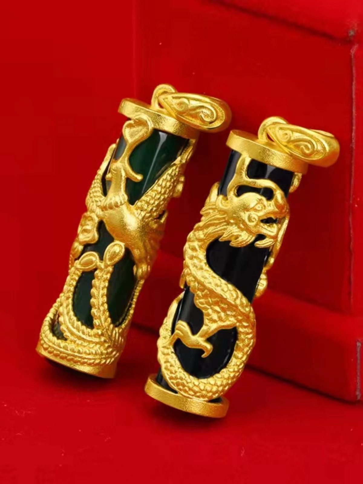 Imitation Hetian jade dragon and phoenix pillar pendant for men and women, inheriting the ancient method of gold-inlaid jade plate phoenix and dragon pillar jade pendant necklace pendant detail image 4