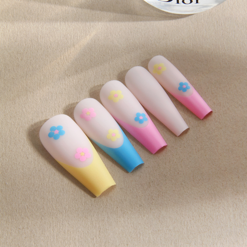 新款24片芭蕾中长穿戴甲欧美跨境外贸荧光色花朵现货指甲