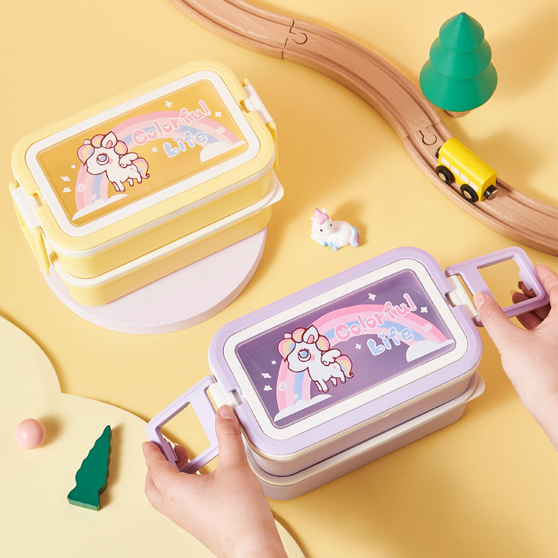 J06-6444 Children's Double-layer Lunch Box Rainbow Pony Double-layer Lunch Box with fork and spoon Student lunch box Cute Pony details Picture
