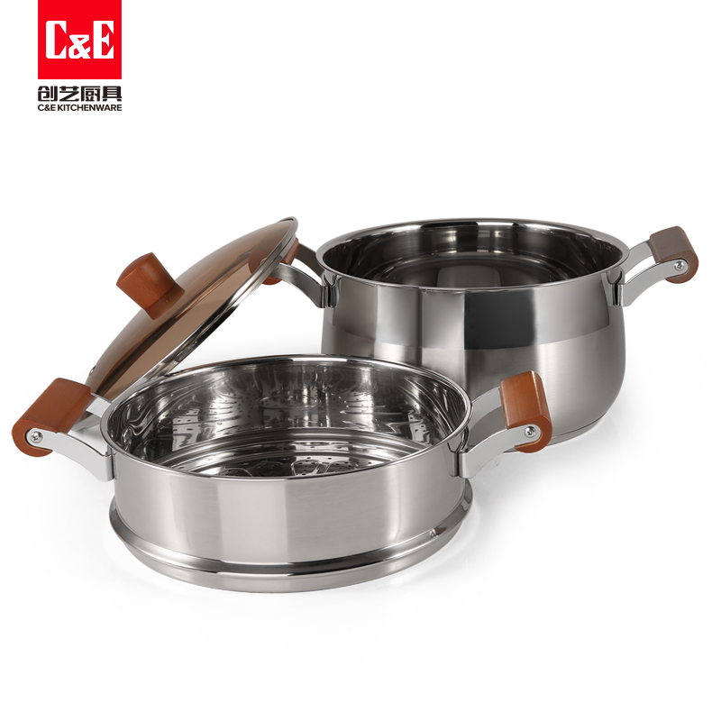 C&E Creative Steamer 304 stainless steel, double-layer multi-functional pot with top steaming and bottom boiling, large-capacity soup pot, kitchenware for home use details Picture