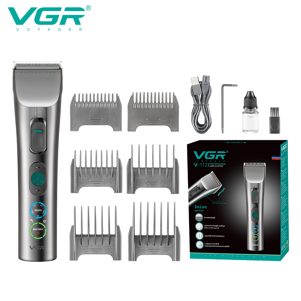 VGR V-112 Metal Hair Clipper, rechargeable button type, professional hair clipper for hair salons, oil hair shaving, electric clipper