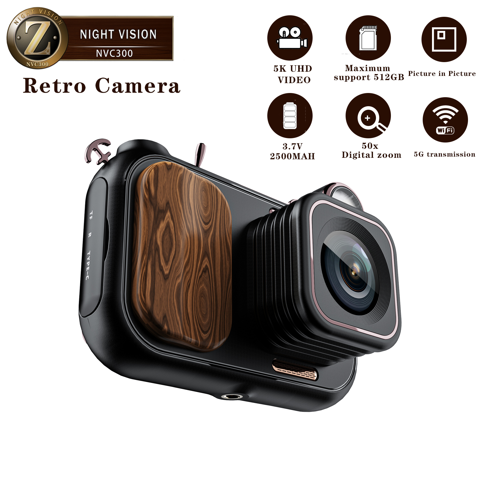 5K Retro Camera for Child Digital WIFI Ultra HD Video Vlog Records 50X Zoom Picture in Picture LED Flashbulb Long Range Observe
