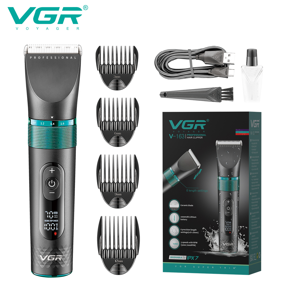 VGR163跨境专业防水陶瓷电推剪LDE显示屏USB