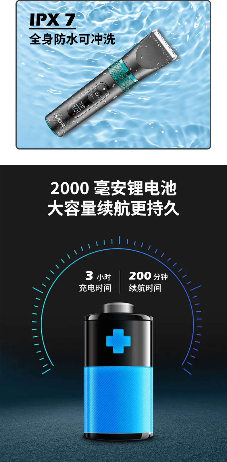 VGR163跨境专业防水陶瓷电推剪LDE显示屏USB详情5