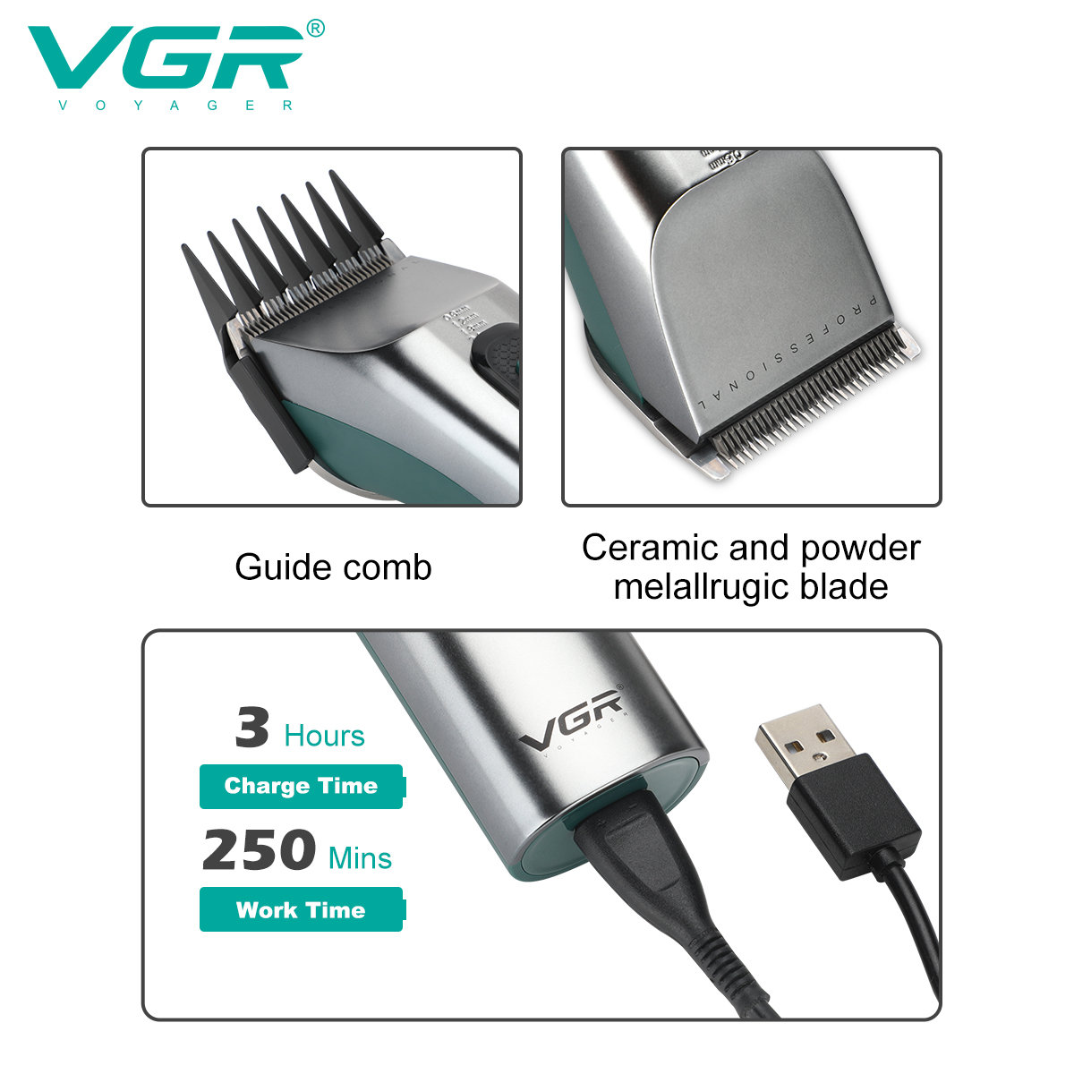 VGR V-112 Metal Hair Clipper, rechargeable button type, professional hair clipper for hair salons, oil hair shaving, electric clipper Item Picture