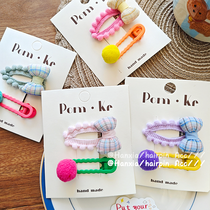 New sweet and cute candy-colored pom-ball hair clips with bow, flower bud, lace, duckbill clips and bangs clips details Picture