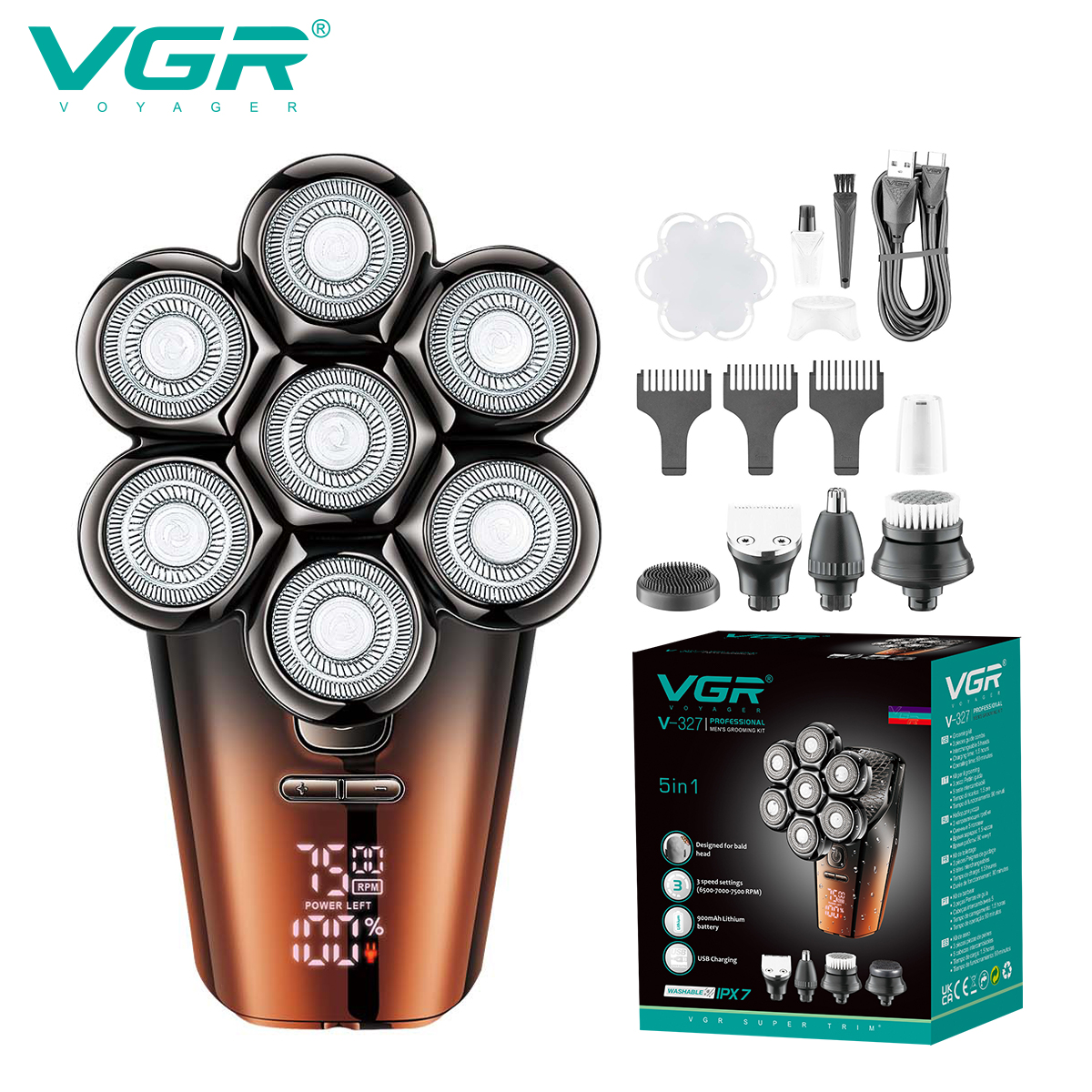 VGR327 Five-in-one Men's Set: Full-body washable LCD digital display 5-in-1 rechargeable electric bald shaver