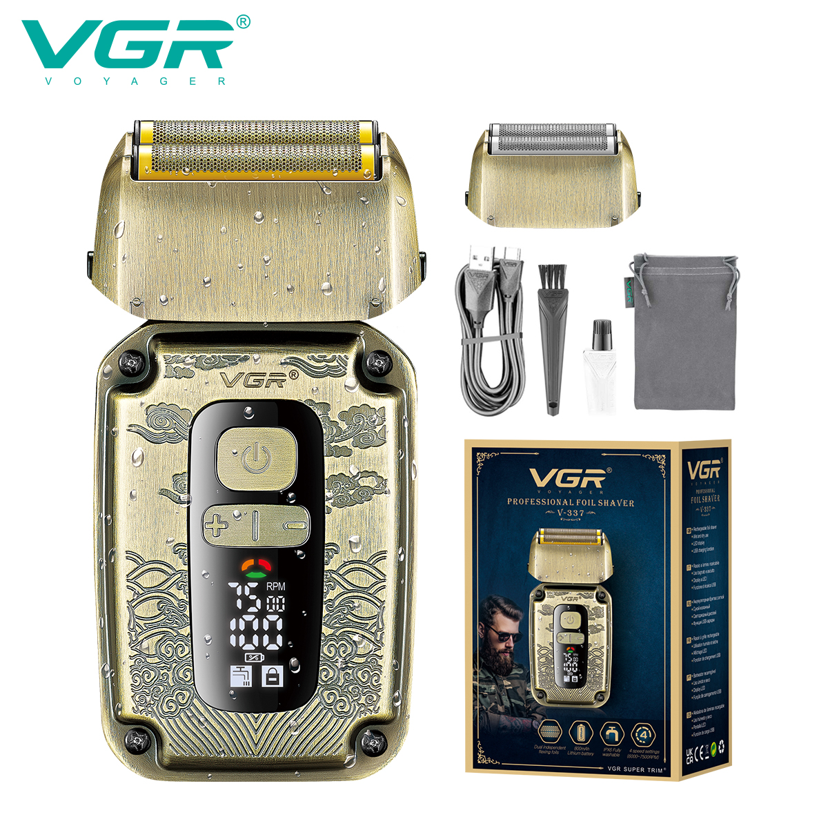 VGR337 Cross-border Razor, Sideburn trimming knife, bald hair clipper, digital display reciprocating retro style razor