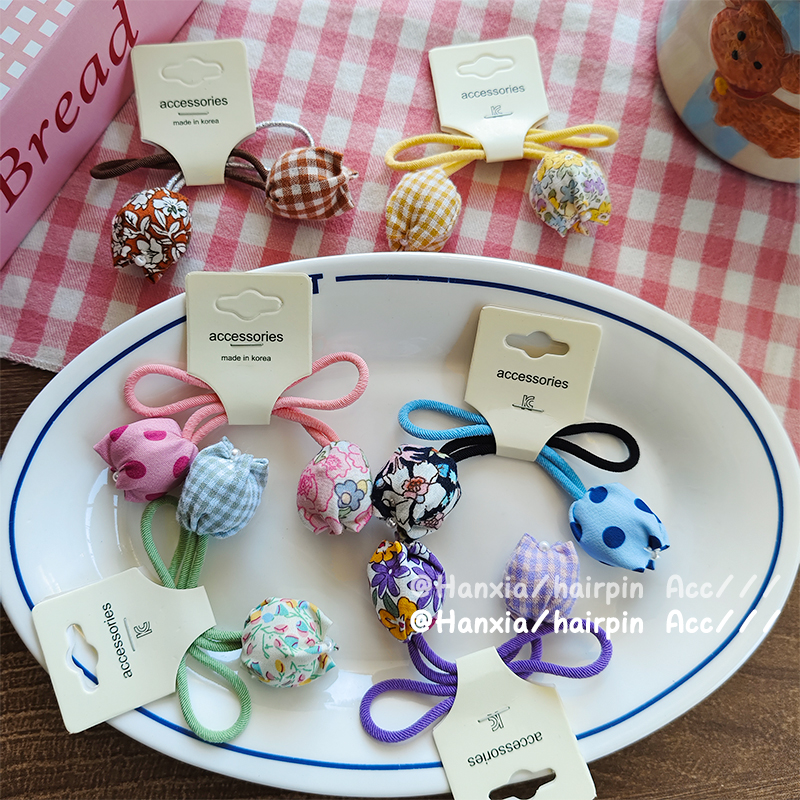 New cute flower bud fabric hair tie and hair band for children and babies, sweet checked hair band headwear Specification image