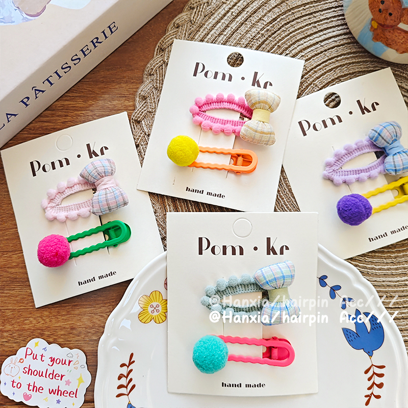 New sweet and cute candy-colored pom-ball hair clips with bow, flower bud, lace, duckbill clips and bangs clips Application Scenario
