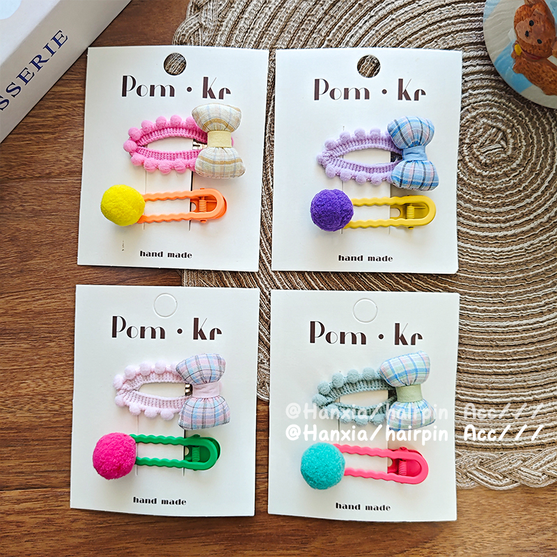 New sweet and cute candy-colored pom-ball hair clips with bow, flower bud, lace, duckbill clips and bangs clips