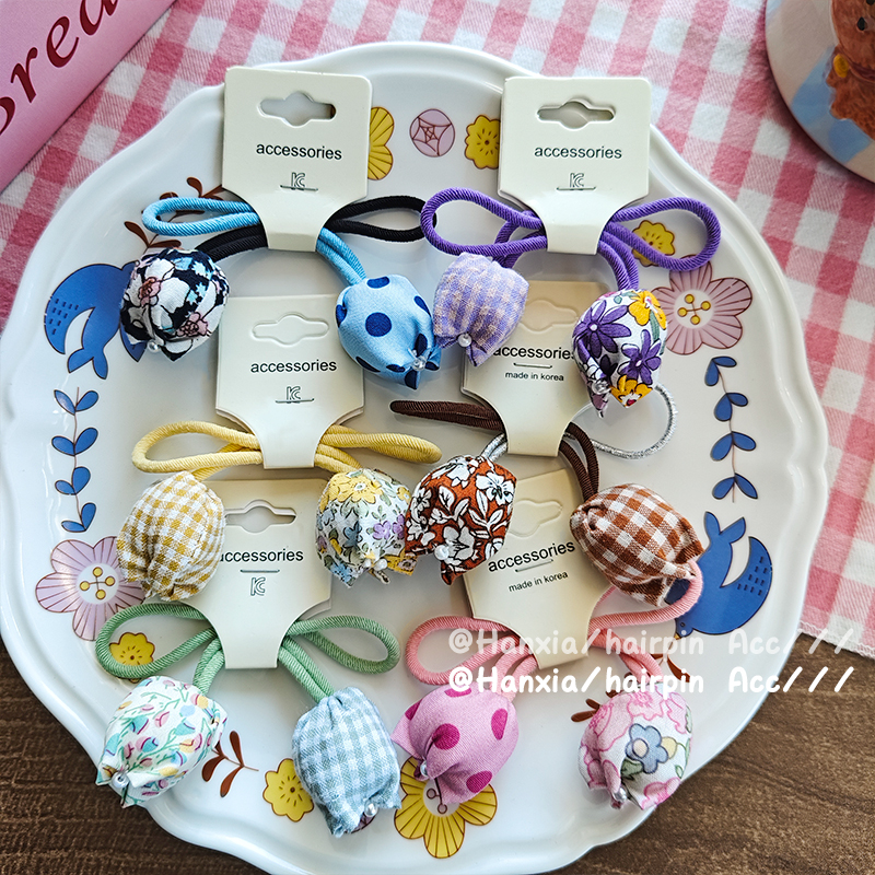 New cute flower bud fabric hair tie and hair band for children and babies, sweet checked hair band headwear Application Scenario
