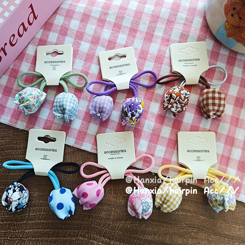 New cute flower bud fabric hair tie and hair band for children and babies, sweet checked hair band headwear