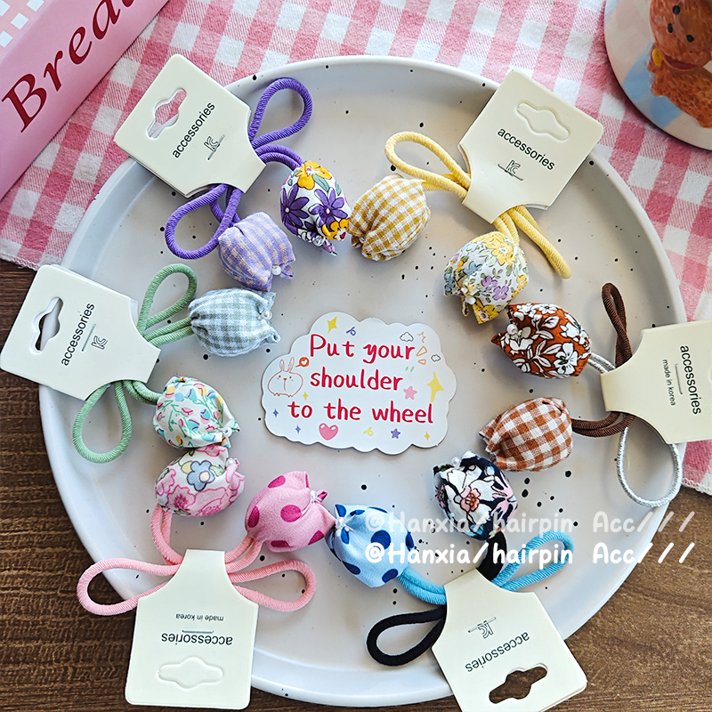 New cute flower bud fabric hair tie and hair band for children and babies, sweet checked hair band headwear details Picture