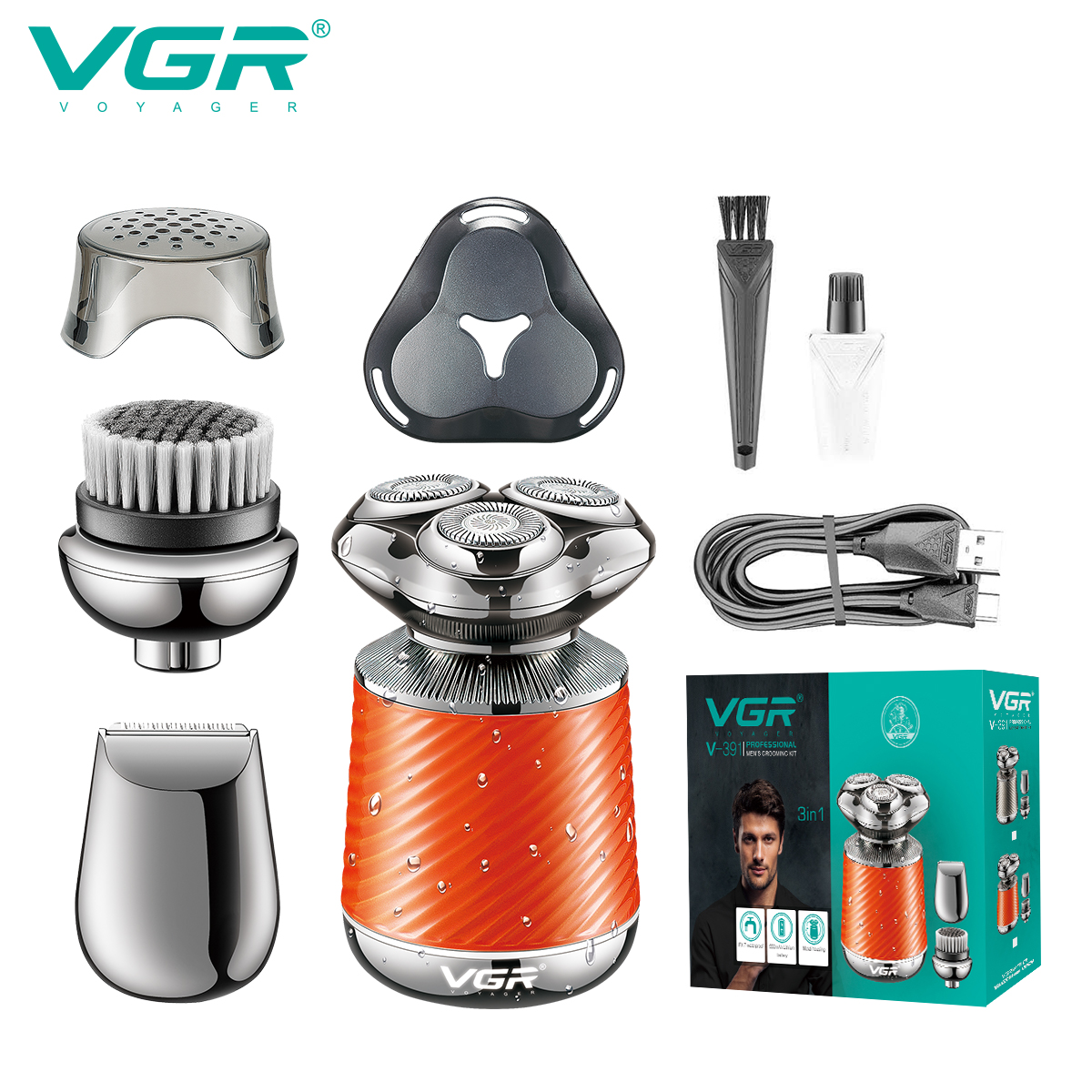 VGR391 Metal Magnetic three-head multi-functional waterproof Shaver set