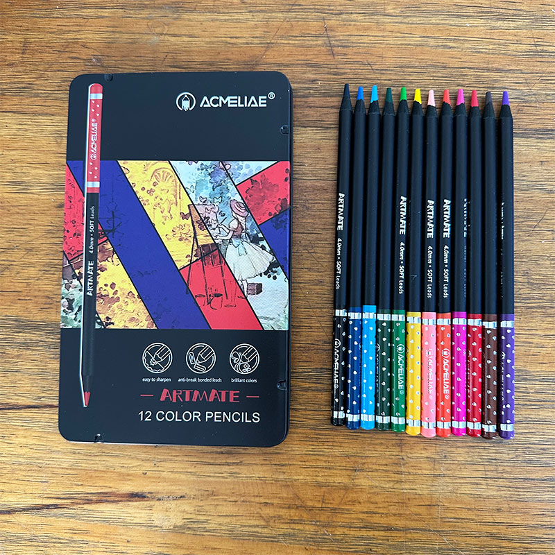 ACMELIAE 7”12 colors Artmate Black wood metal box coloring pencil set  details Picture