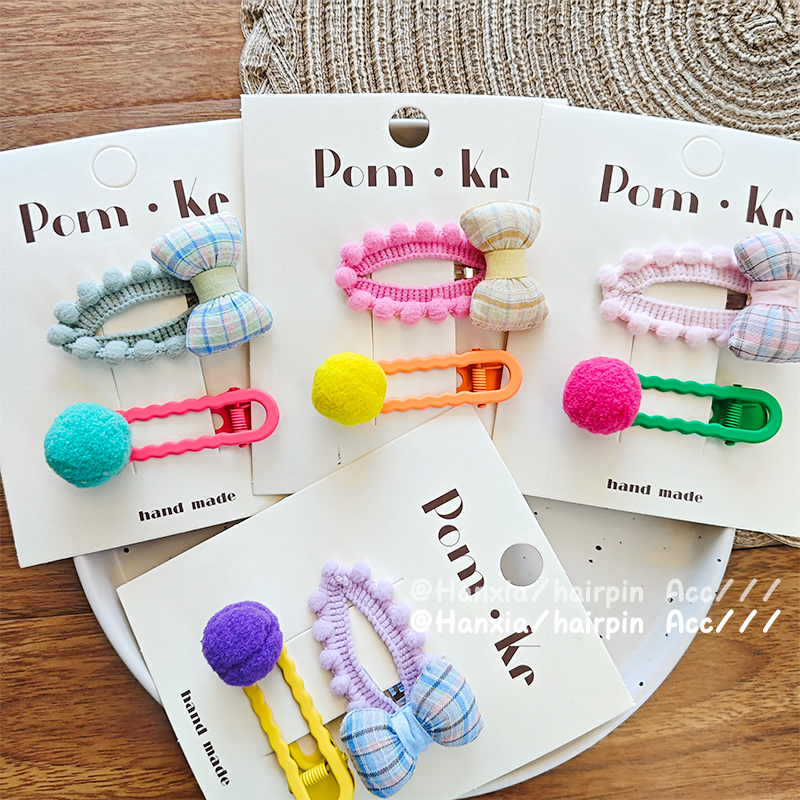 New sweet and cute candy-colored pom-ball hair clips with bow, flower bud, lace, duckbill clips and bangs clips Item Picture