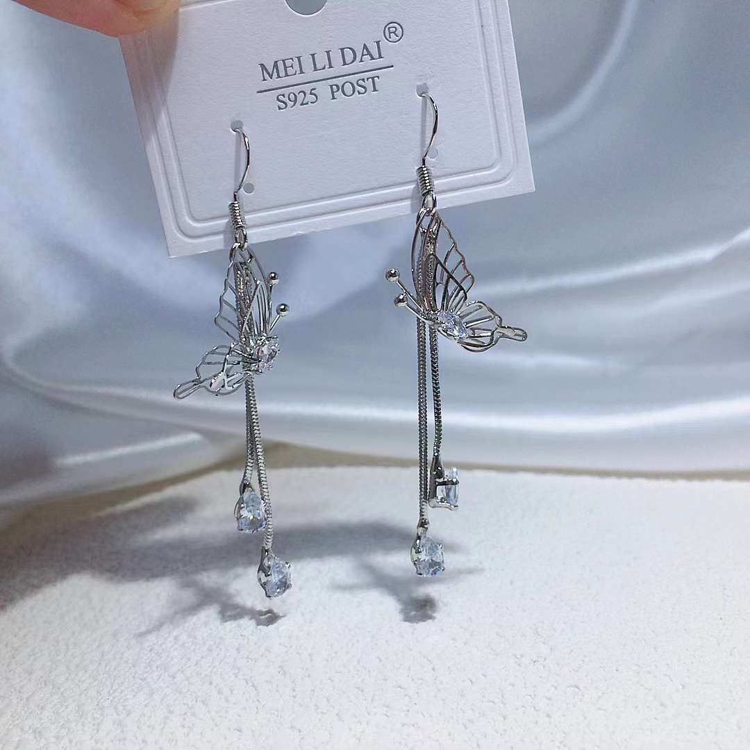 长款锆石蝴蝶耳环女左右对称耳饰仙气小众高级感耳饰批发