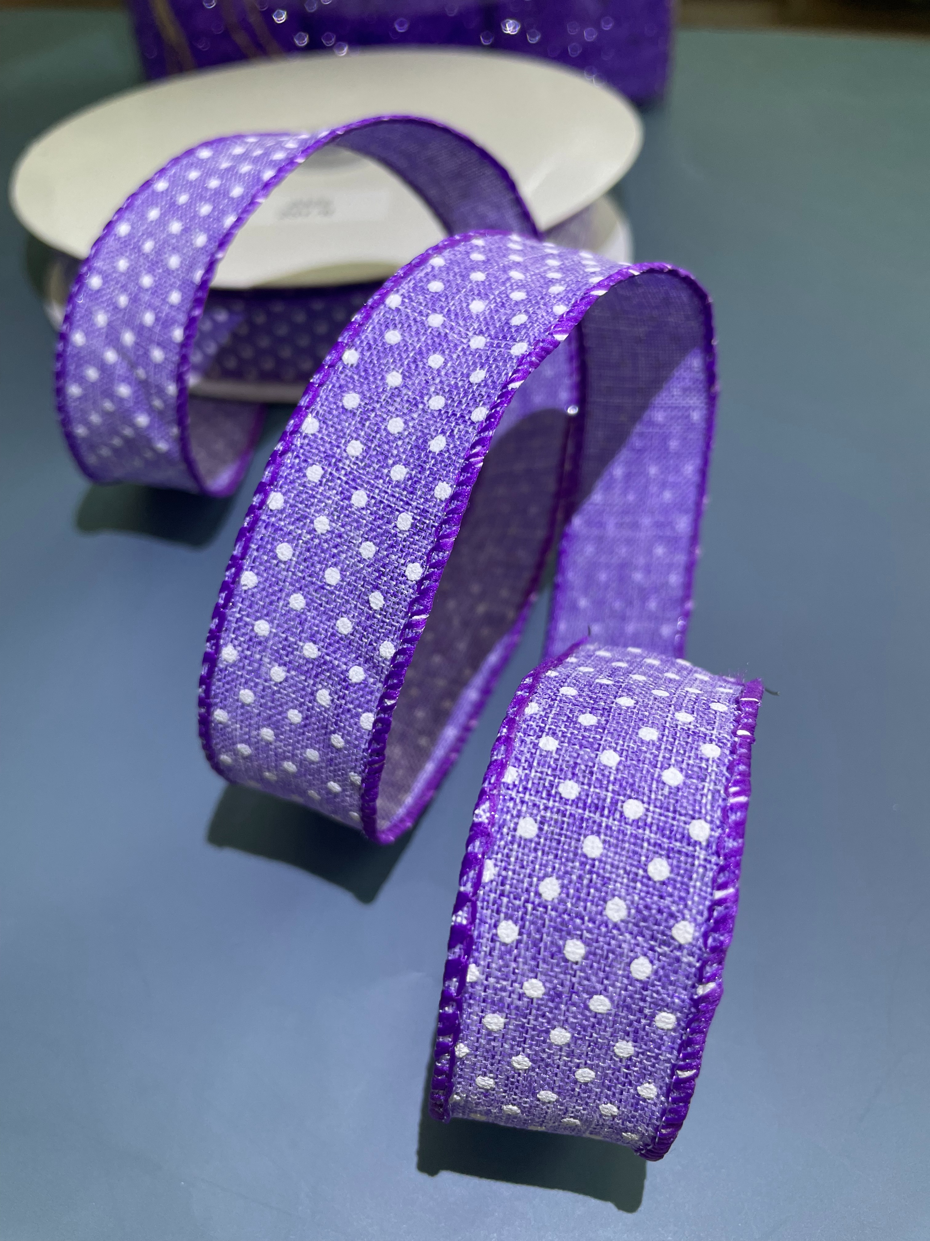 Item No. : 2322 Christmas Gift Packaging Decoration DIY Purple Imitation linen foam printed Small dot Iron Wire Christmas Webbing 2.2cm