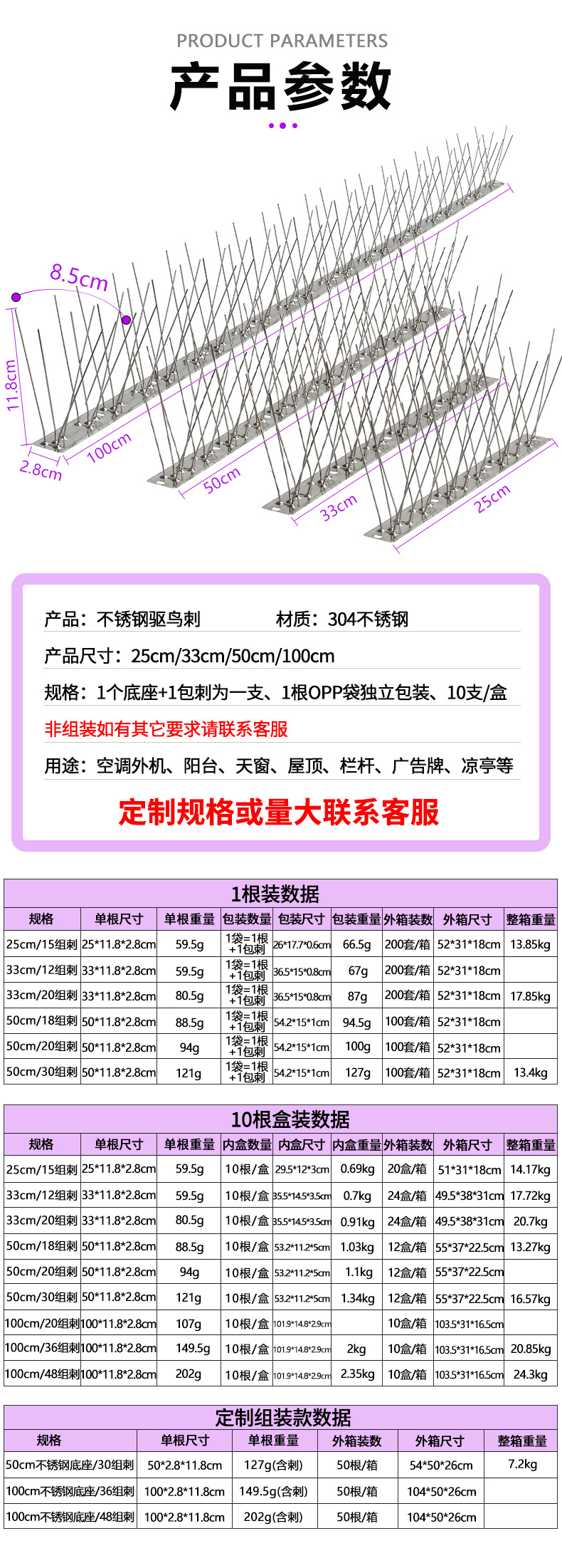 304全不锈钢防鸟刺防猫防爬刺电力25cm33cm50cm100cm 不锈钢驱鸟刺详情1