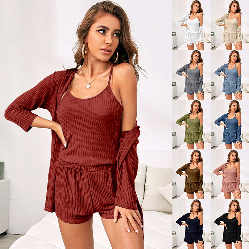 YANNI2024 Summer New Collection of halter shorts, outerwear, three-piece set, cross-border Waffle home wear set, European and American style solid color summer bathrobe Specification image