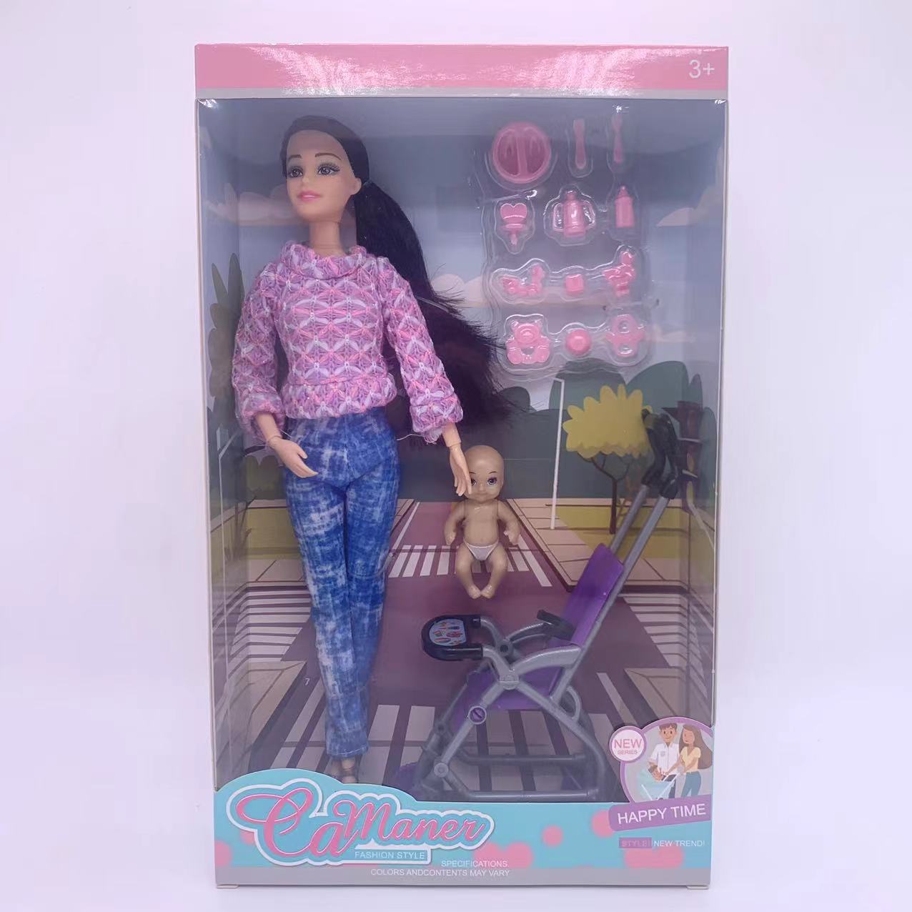 新品外贸洋娃娃高端公主娃娃玩具女孩子最爱四肢手腕可动窗盒11寸育婴师推车组合芭比生日礼物套装扮家家酒套装玩具A