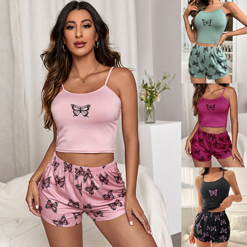 YANNI export pajamas summer ice silk cool butterfly print halter shorts Soft drape Hot Girl pajamas two-piece set home wear cross-border wholesale Item Picture