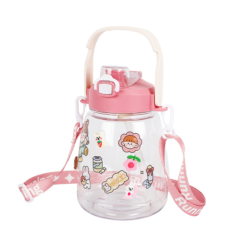 H164-HY081 Internet-famous big-belted cup, cute macaron, big-belted student simple anti-drop crossbody creative straw cup Specification image