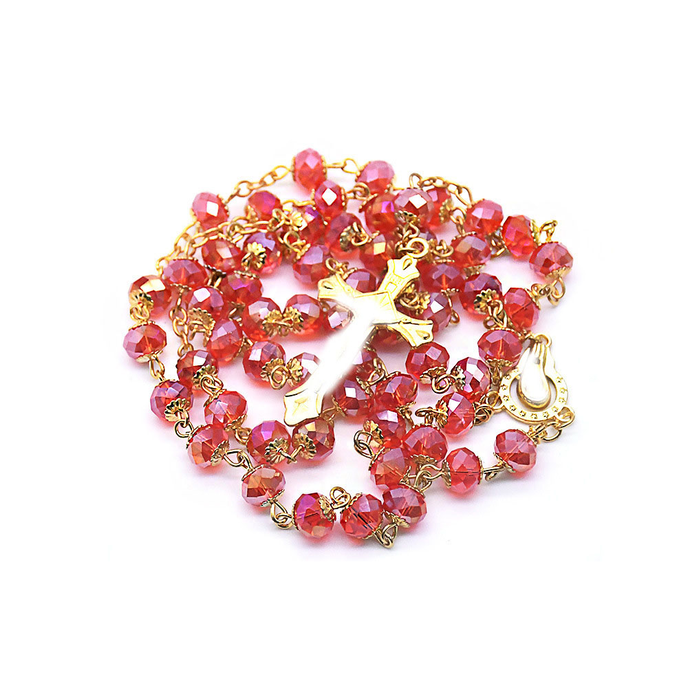 Golden red crystal flower tray rosary necklace, cross counting beads, curved needle bead chain pic 2