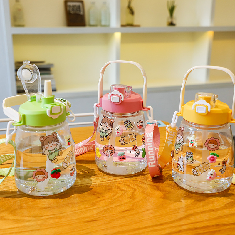 H164-HY081 Internet-famous big-belted cup, cute macaron, big-belted student simple anti-drop crossbody creative straw cup details Picture