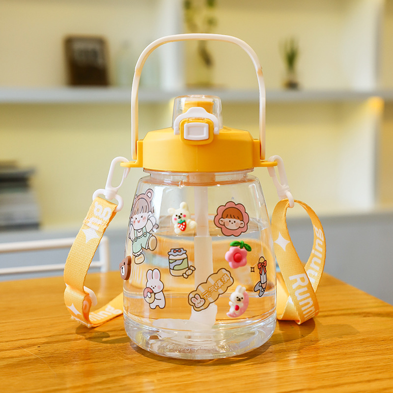 H164-HY081 Internet-famous big-belted cup, cute macaron, big-belted student simple anti-drop crossbody creative straw cup Item Picture