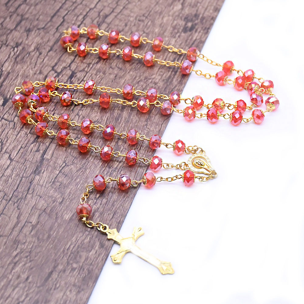 Golden red crystal flower tray rosary necklace, cross counting beads, curved needle bead chain Specification image