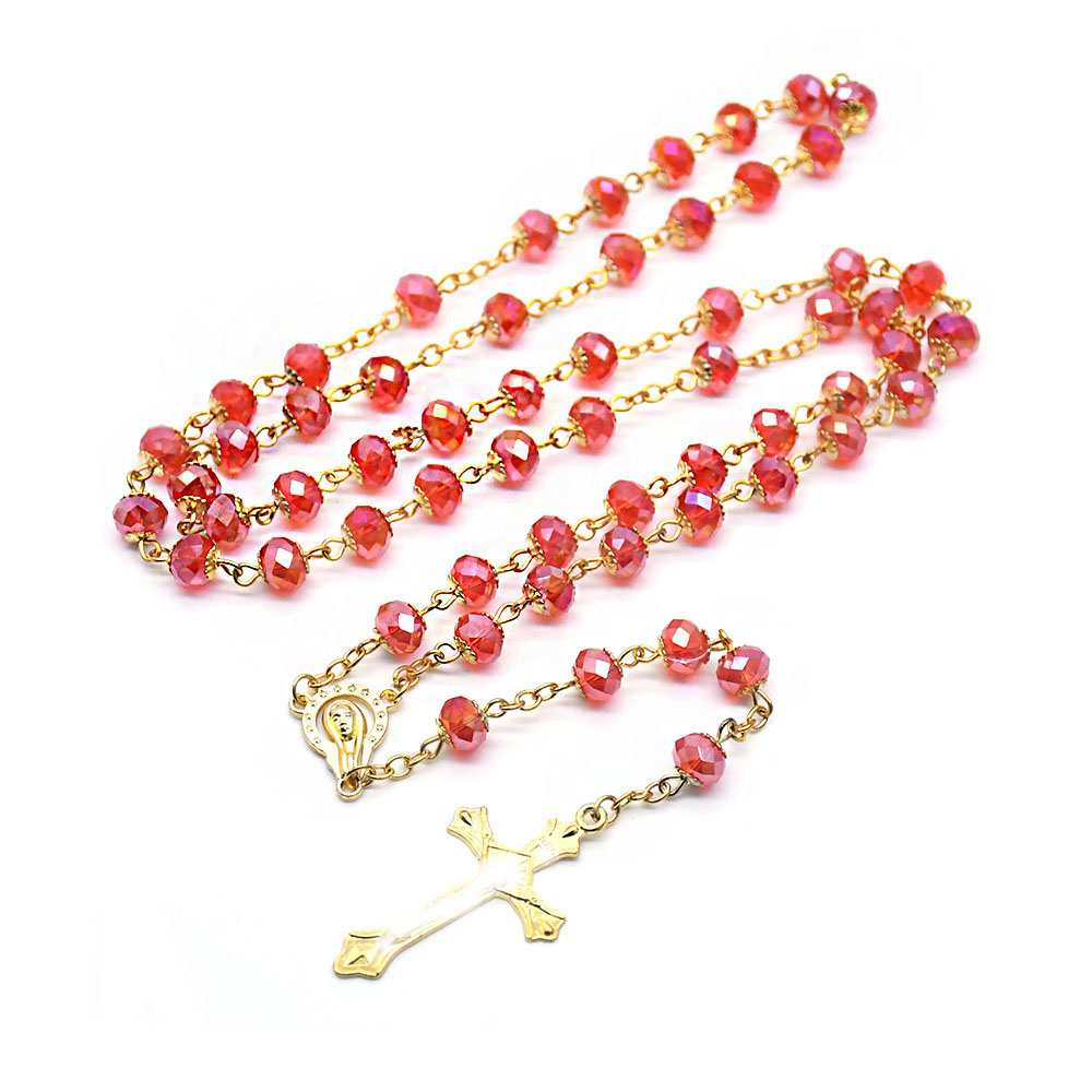 Golden red crystal flower tray rosary necklace, cross counting beads, curved needle bead chain pic 5