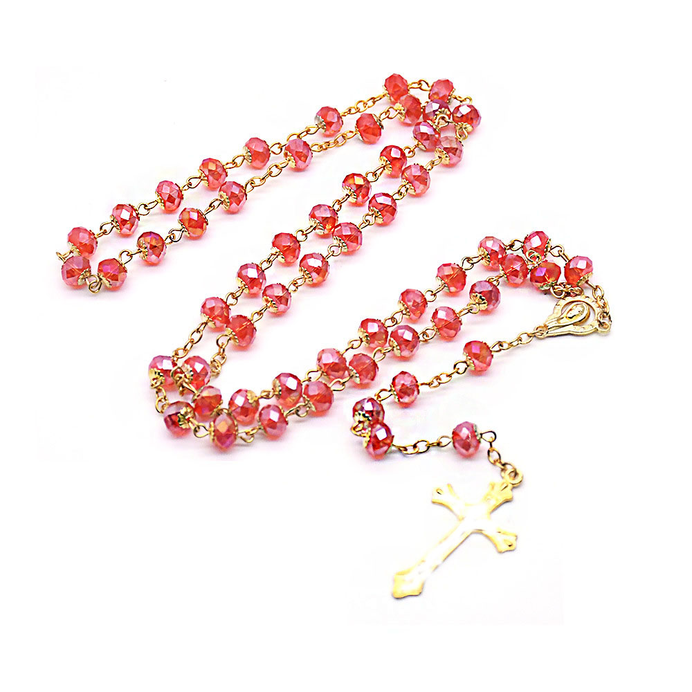 Golden red crystal flower tray rosary necklace, cross counting beads, curved needle bead chain pic 1