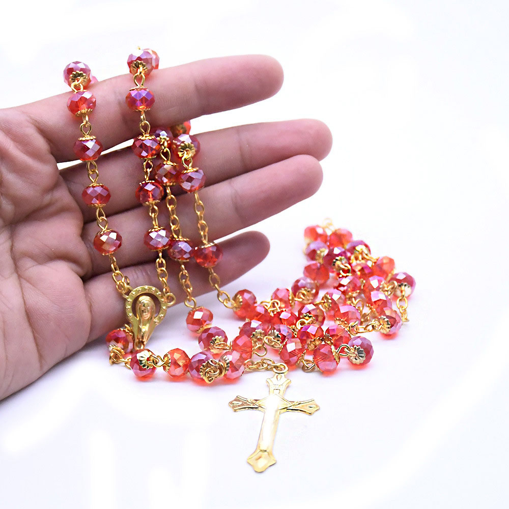 Golden red crystal flower tray rosary necklace, cross counting beads, curved needle bead chain Item Picture