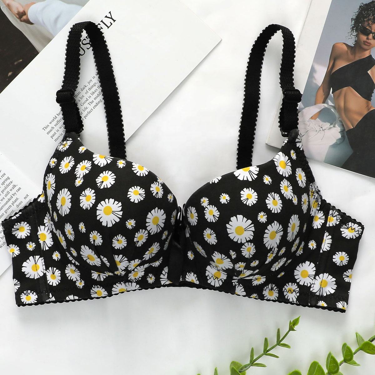 Olivia's Night cross-border new lingerie women's Comfort, European and American sizes, high-quality custom factory, new best-selling printed women's steel ring gathering bra details Picture