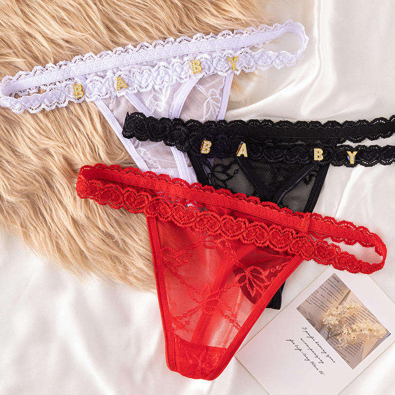 Olivia's Night custom-made letter logo thong for Europe and America, sexy see-through lace underwear, water diamond letter underwear, low-waist cross-border exclusive for the Middle East and South America Specification image