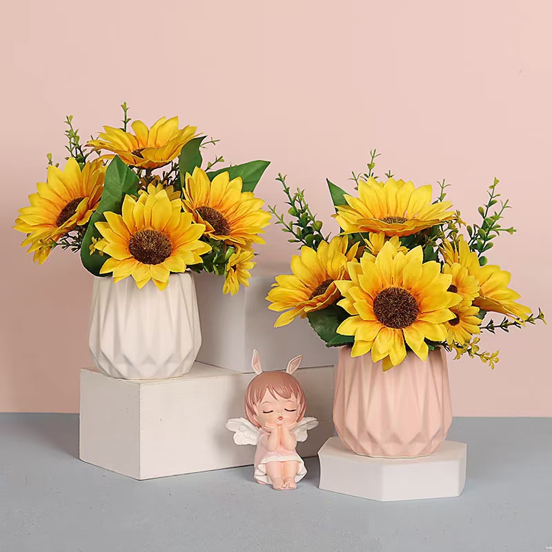 Simulación pequeñas flores adorables cerámicas coloreadas conjunto de lavabo con lavabo decoración interior girasol girasol flores de seda jarrón de seda
