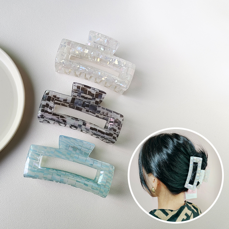 [Processing custom] Cross-border PVC board checkerboard hairpin women's back head clip French grab clip headwear fashion shark clip medium clip hairpin shark clip full figure