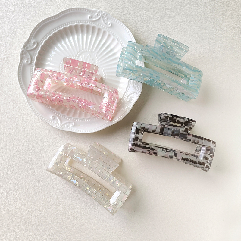 [Processing custom] Cross-border PVC board checkerboard hairpin women's back head clip French grab clip headwear fashion shark clip medium clip hairpin shark clip details Picture