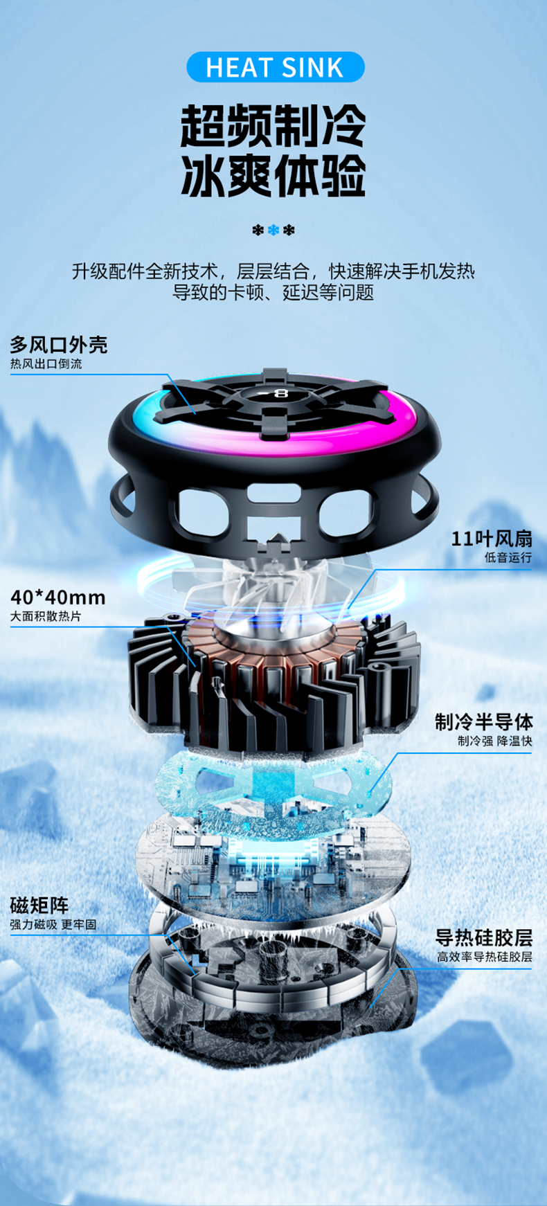 新款手机散热器半导体磁吸背夹散热器冰封磁吸数显手机平板散热器详情3