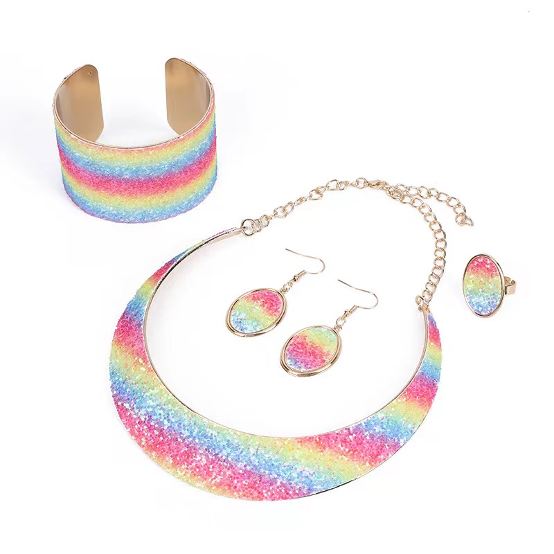Cross-border Amazon Shein Pinduoduo Overseas Edition Best-selling European and American fashion trend electroplated gold women's metal necklaces, collars, earrings, rings, bracelets set Item Picture