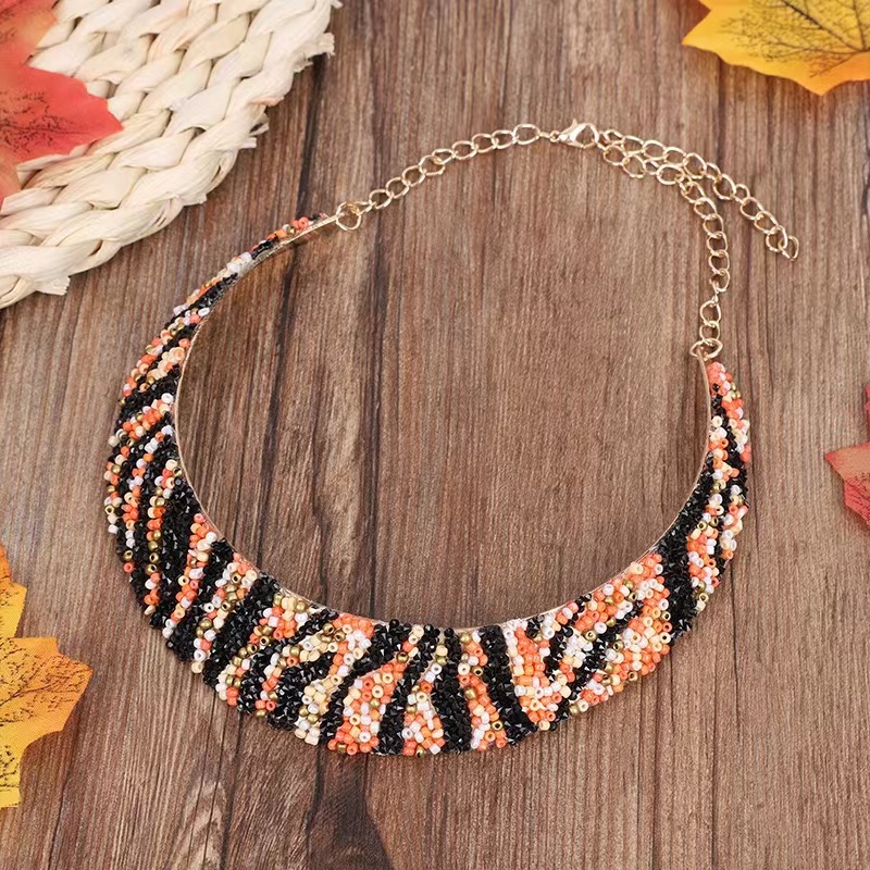 Cross-border Amazon Shein Pinduoduo Overseas Edition Best-selling European and American fashion trend electroplated gold ladies' metal diamond-encrusted rice bead necklaces, necklaces, earrings, bracelets and ring sets details Picture