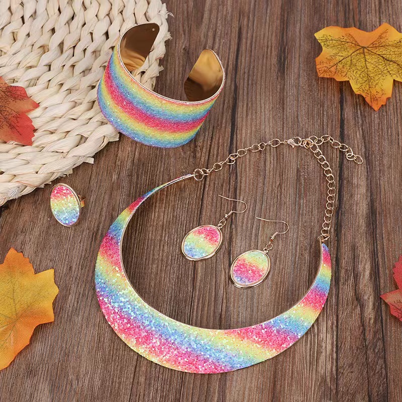 Cross-border Amazon Shein Pinduoduo Overseas Edition Best-selling European and American fashion trend electroplated gold women's metal necklaces, collars, earrings, rings, bracelets set