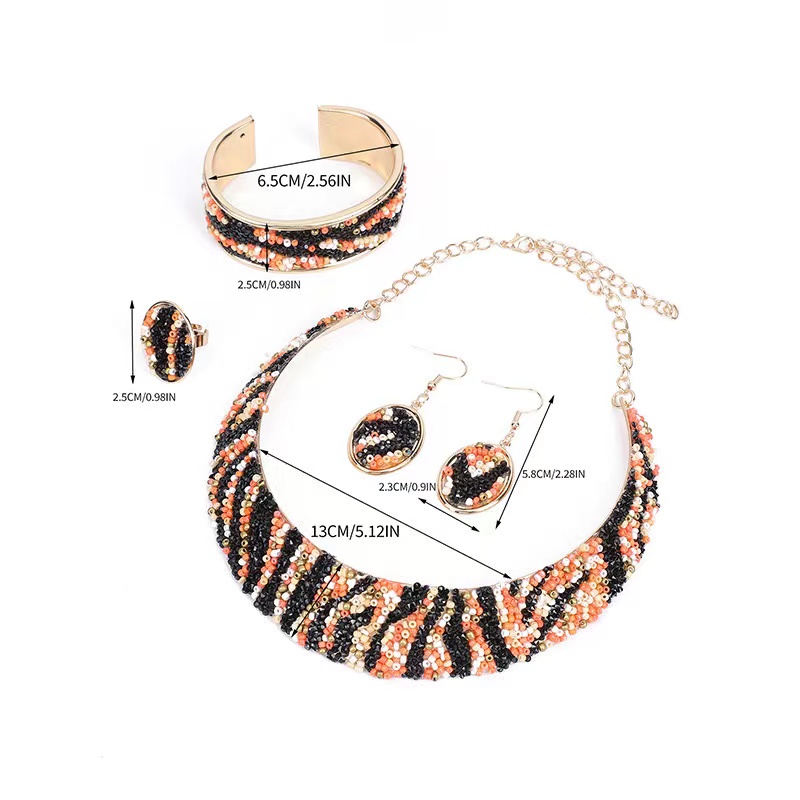 Cross-border Amazon Shein Pinduoduo Overseas Edition Best-selling European and American fashion trend electroplated gold ladies' metal diamond-encrusted rice bead necklaces, necklaces, earrings, bracelets and ring sets Item Picture