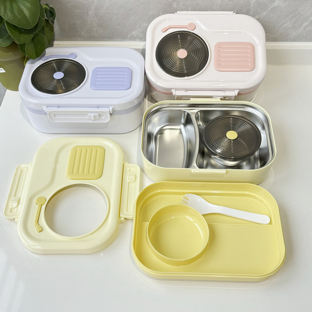 L59-165 Stainless steel lunch box with soup bowl, cute style, large-capacity double-layer student lunch box, best-selling bento box Item Picture