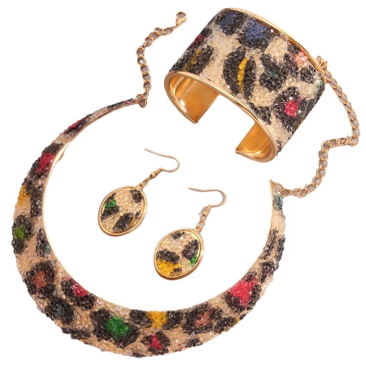 Cross-border Amazon Shein Pinduoduo Overseas Edition Best-selling European and American fashion trend electroplated gold ladies' metal leopard print animal print diamond-encrusted collar, neckband and earrings set Item Picture